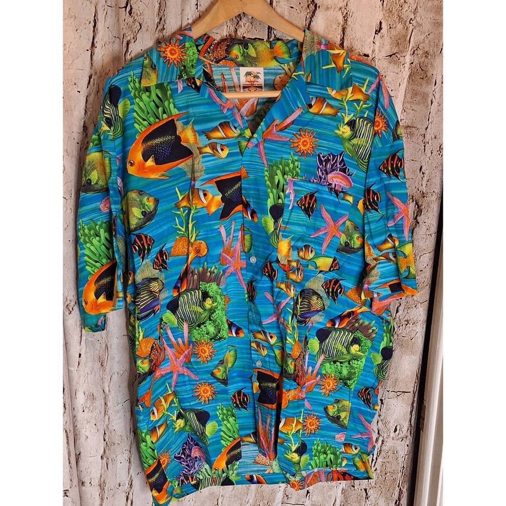 Tropical Connection Mens XL short sleeve blue button shirt Tropical Fish Pattern